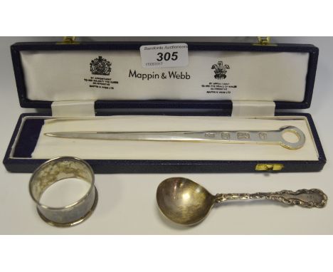 A Mappin and Webb silver meat skewer, boxed;  a silver napkin ring;  a Continental silver preserve spoon (3)