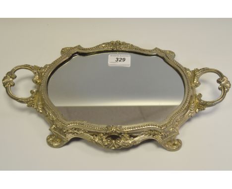 A French silver plated and mirrored twin handled dressing table tray, scroll feet c.1920  