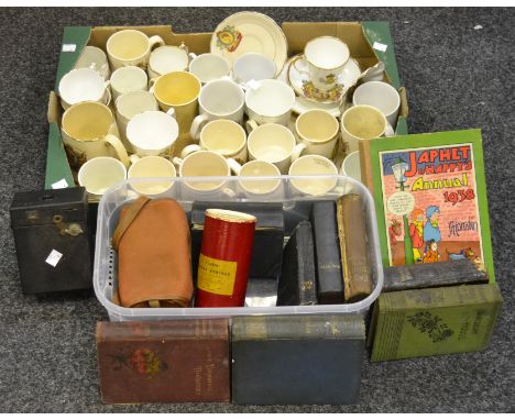 Commemorative beakers;  etc ; a box Brownie camera; books;  etc (2 boxes)