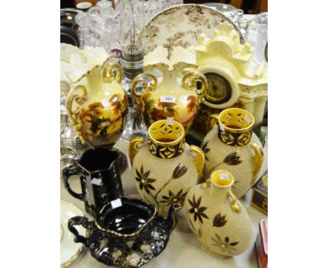 A Victorian Staffordshire clock garniture; a chrome plated oil lamp; a Jackfield teapot; etc qty 