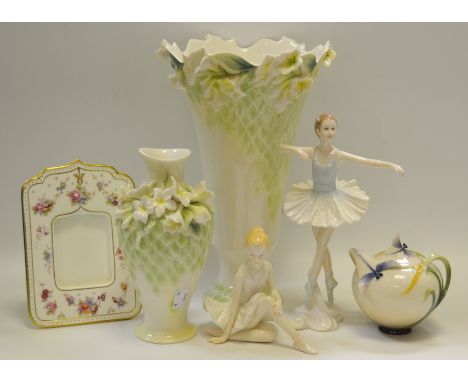 Ceramics - a Royal Crown Derby photograph frame;  a Worcester Sudio ballerina;  another;  a Franz floral vase;   etc (6)