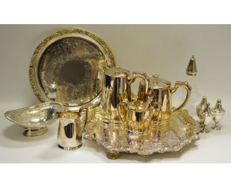 Plated Ware - a George III style shaped circular tray, die stamped;  a four piece Hotel Ware tea service;  condiments;  etc 