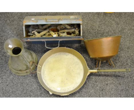 Metalware - a metal tool box; various brass taps; a late 19th century copper ewer; a substantial saucepan; etc 