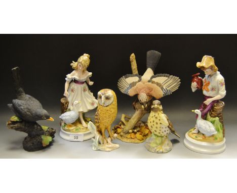 Decorative Ceramics - a Goebel Owl; a pair of Continental figures , Goose Boy and Girl; etc qty 