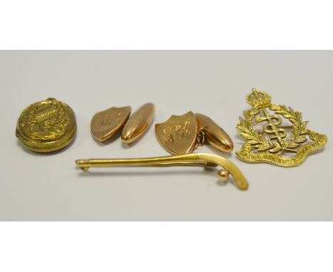 Fashion Jewellery - a gold plated Masonic locket;  9ct gold shield cufflinks;  a 9ct Royal Army Medical Corp, 5g;  a 9ct gold