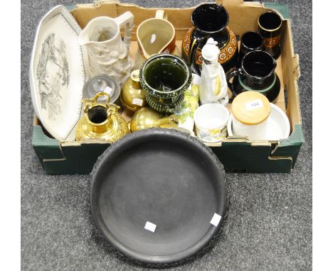 Ceramics - a Wedgwood black basalt bowl;  Victorian graduated jugs;  Portmerion storage jars;  a pewter inkwell;  brass ware;