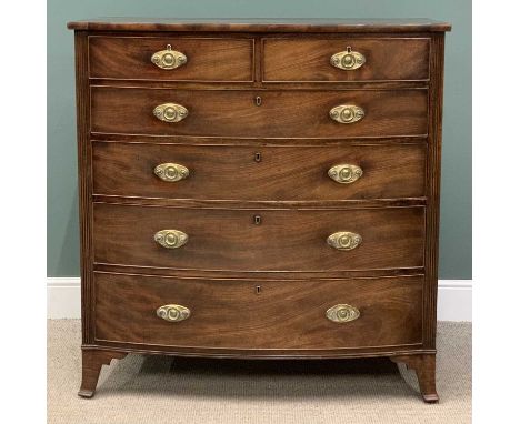 ANTIQUE BOW FRONT MAHOGANY CHEST of two over four long drawers, with brass drop handles on bracket feet, 121 (h) x 116 (w) x 