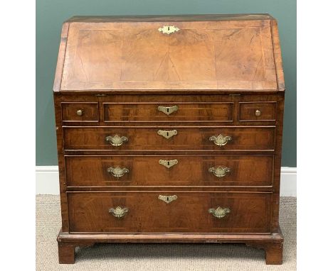 MID 18TH CENTURY WALNUT BUREAU, with wide crossbanding and herringbone line inlay, fitted interior, tooled surface and well, 