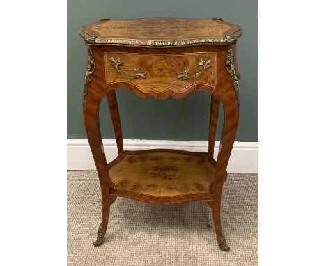FRENCH KINGWOOD STYLE SINGLE DRAWER SIDETABLE, burr walnut and crossbanding with brass mounts and base shelf, 80 (h) x 57 (w)