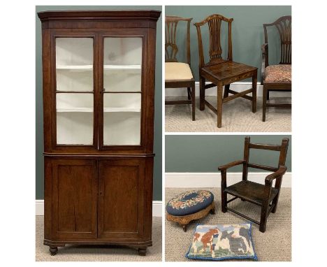 ANTIQUE OAK FLOOR STANDING CORNER CUPBOARD, the top with twin glazed doors and painted shelved interior, the base with two pa