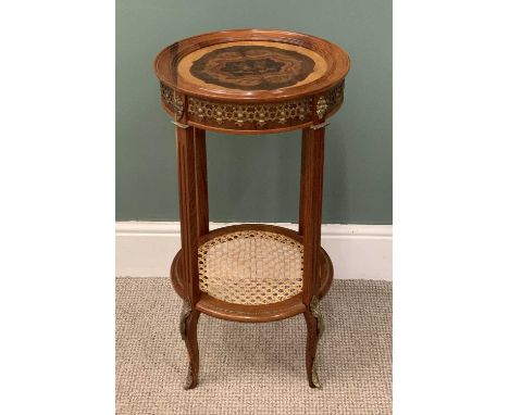 REPRODUCTION FRENCH KINGWOOD TYPE WINE TABLE, circular with brass mounts, inlay and a base cane shelf, 73 (h) x 40cms (diam.)