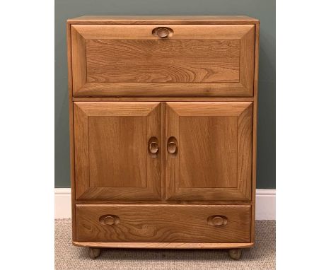 LIGHT ERCOL BUREAU with fall front top over two cupboards doors and a base drawer, 110 (h) x 83 (w) x 44 (d) cmsProvenance: d