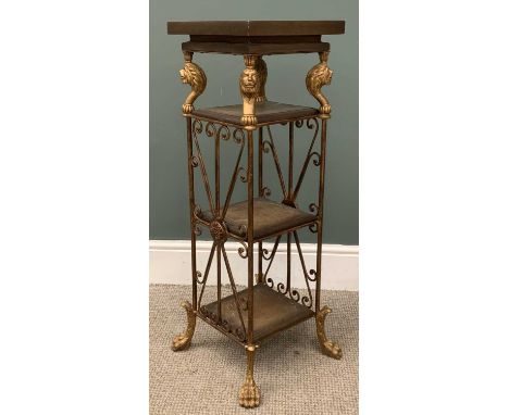 A FOUR TIER METAL & COMPOSITE WHATNOT/PLANTER STAND with lion head detail and paw feet, 91 (h) x 37 (w) x 37cms (d) baseProve