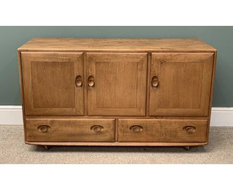 ERCOL SIDEBOARD, three cupboards and two drawers, 76 (h), 130 (w) x 44cms (d)Provenance: Deceased estate Conwy 