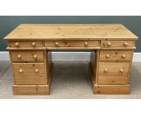 MODERN LIGHT PINE DESK/DRESSING TABLE, twin pedestal, 76 (h) x 140 (w) x 60cms (d) including knobsProvenance: deceased estate