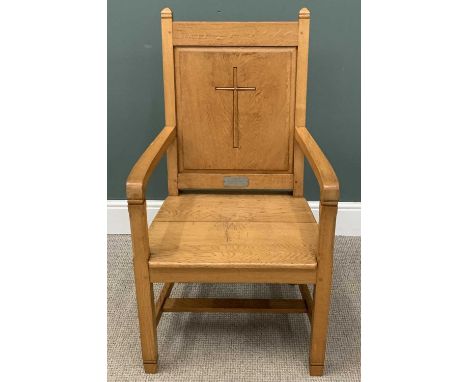 ECCLESIASTICAL LIGHT OAK CHAIR with carved crucifix to the back and a plaque dated 1963, 107 (h) x 59 (w) x 43cms (d)Provenan