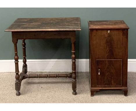 19TH CENTURY OAK OBLONG SIDE TABLE with turned and block supports and stretcher, 75 (h) x 78 (w) x 54cms (d) and a walnut mus