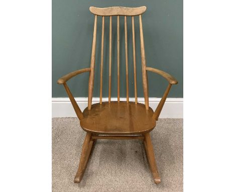 ERCOL ROCKING CHAIR with spindle and moustache back, 86 (h) x 61 (w) x 38cms seat (d)Provenance: private collection Gwynedd
