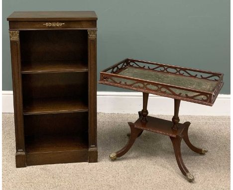 20TH CENTURY MAHOGANY THREE SHELF BOOKCASE with brass mounts and crossbanding, 84 (h) x 46 (w) x 26cms (d) and a galleried an