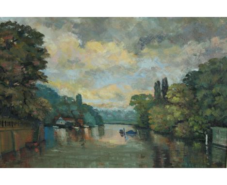 R. A. Lindsey. Oil painting on board. Landscape tiled 'High Tide at Twickenham'. Framed. Twentieth century. H.60 W.75 cm. 