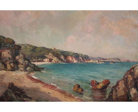 Oil on canvas. Signed indistinctly lower right. Seascape with bay. Probably early twentieth century. H.39 W.47 cm. 