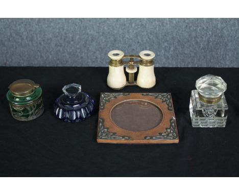 Miscellany. A pair of opera binoculars, an Art Nouveau leather frame and green lustre glass brass Art Nouveau lidded inkwell 