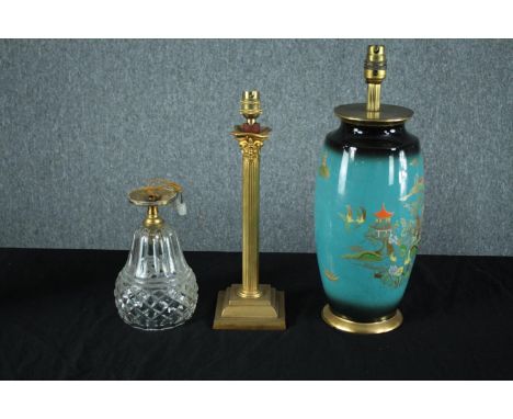 Two table lamps and a glass ceiling light. The table lamps in brass and ceramic and decorated with a Chinese scene. Twentieth