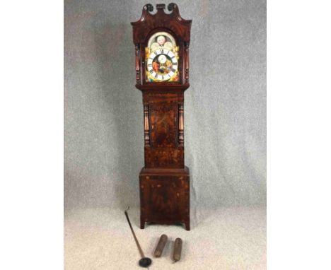 Longcase clock, 19th century with eight day movement in crossbanded mahogany case, maker; Pensotti, Dudley. PH.230 W.55 D.25c