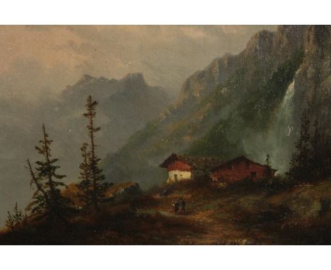 Oil on canvas. Signed 'Louis Thomas'. Mountain scene maybe the Alps. In a gilt frame. Nineteenth century. With a French art s