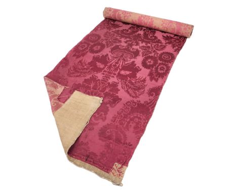 * Fabric. A long roll of brocatelle, 18th century, jacquard-woven linen and silk scarlet brocatelle, with a large pattern of 
