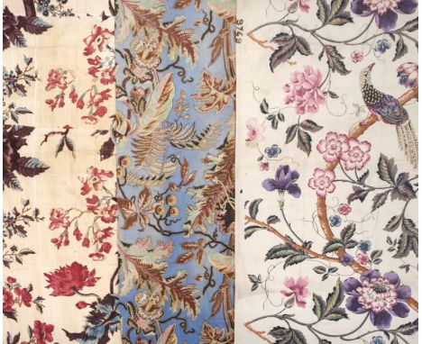* Fabric. A length of unused block-printed calico, French, early 20th century, with arborescent design of an exotic bird perc