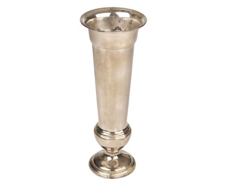 * Vase. A large art deco silver trumpet vase, of plain tapered form engraved with a family crest and the base engraved Sterli