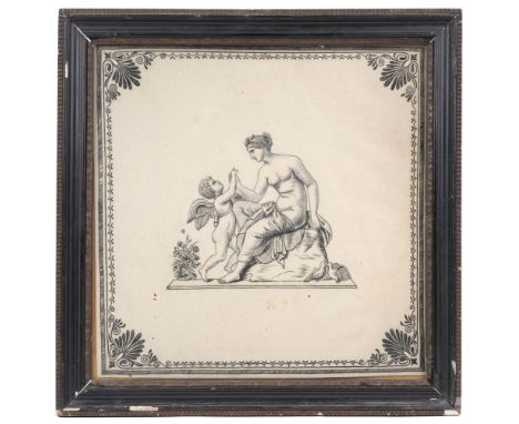 * Embroidered picture. A blackwork Regency embroidery of Venus &amp; Cupid, circa 1800, black thread with cream thread highli