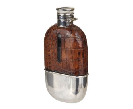 * Hip Flask. An Edwardian hip flask by Gorham Co, crocodile skin, glass and silver plate, the detachable cup stamped 'Gorham 