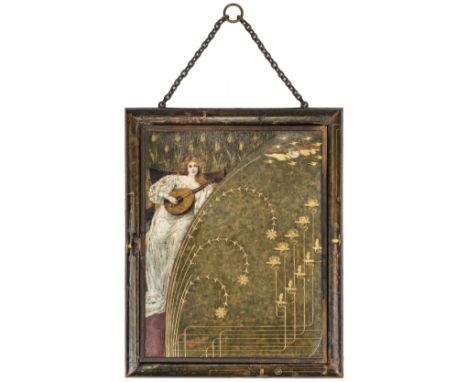 * Arts &amp; Crafts. A painted and tooled triptych mirror, circa 1900, 3-fold mirror comprising 2 hinged side mirrors folded 