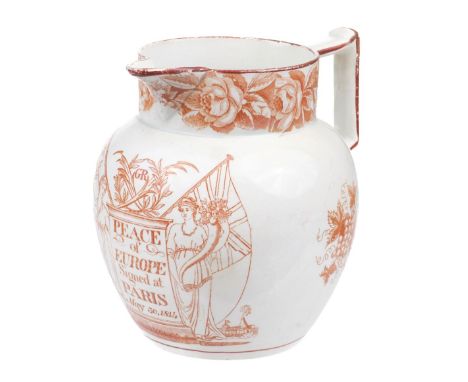 * Duke of Wellington. A George III pearlware jug to commemorate the Treaty of Paris 30 May 1814, red transfer print showing G