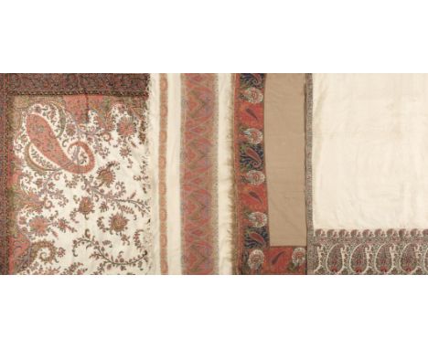 * Shawls. A Kashmir stole, early 19th century, rectangular fine cream wool shawl, woven in red, green, and yellow, with a ban
