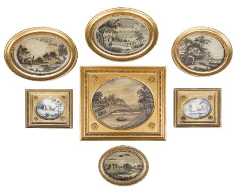 * Embroidered pictures. A collection of 7 oval blackwork pictures, circa 1810-20, a collection of landscapes and riverscapes,