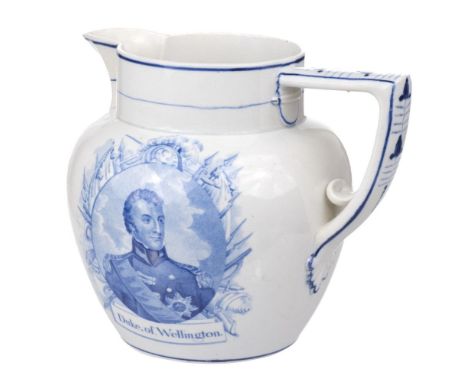 * Duke of Wellington. A George III period pearlware puzzle jug circa 1815, printed in blue with a portrait of the Duke of Wel