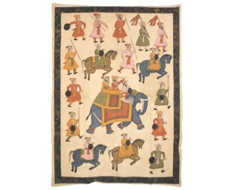 * Mughal. A large hand-painted panel of an elephant and figures, early 20th century, watercolour and gouache, highlighted wit