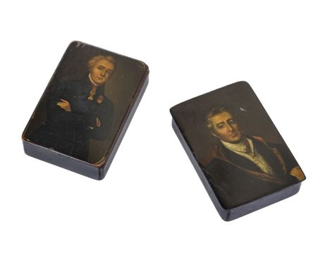 * Duke of Wellington. A fine German strobwasser lacquered papier maché snuff box circa 1820, painted with a portrait of the D