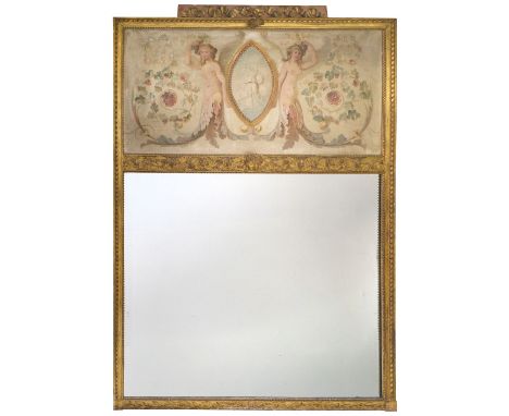 * Mirror. A large painted and gilt trumeau overmantle, English, circa 1790-1810, mirror, 87 x 111 cm (34.25 x 43.5 ins), surm