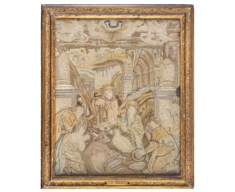 * Embroidered picture. Adoration of the Shepherds, Flemish, possibly 17th century, silk embroidery highlighted with gold thre