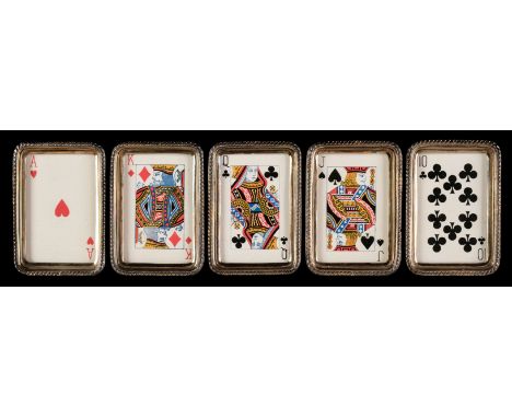 * Playing card trays. Five silver playing card trays, James Fenton &amp; Co, 1936, 5 matching trays, each with gadrooned bord