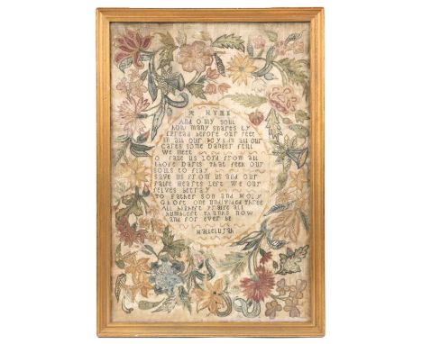 * Embroidered picture. A silkwork hymn sampler, circa 1750, polychrome silk threads on a beige linen ground, with 3 stanza hy