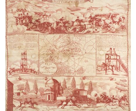 * Handkerchief. The Battle of Waterloo, circa 1815, fine white cotton printed in red, with a plan of the battle in the centre