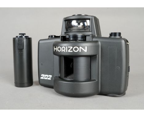 A Krasnogorsk Horizon 202 Panoramic Camera, black, ABS body, shutter working, condition VG, with a 28mm f/2.8 lens, with hand