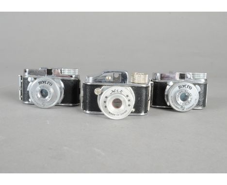 Two Mycro IIIa and a Hit Novelty Sub-Miniature Cameras, chrome, Mycro cameras with 3 speeds + B shutters, Mycro Una 20mm f/4.