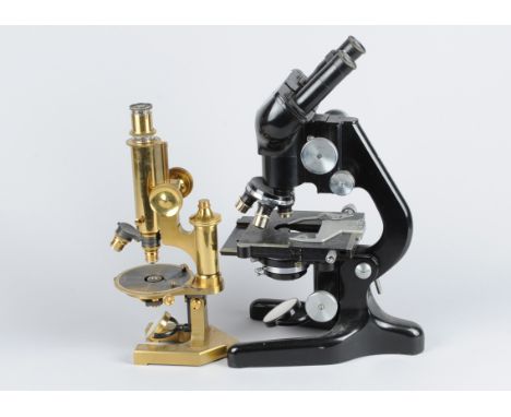 Compound Monocular Microscopes, lacquered brass R &amp; J Beck, with circular stage and Y-shaped foot, Parkes drawtube lacque