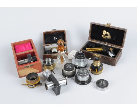 Microscope Accessories, Watson - micrometer and prismatic eyepieces, both cased, Leitz Ehrlich and camera lucida eyepieces (2